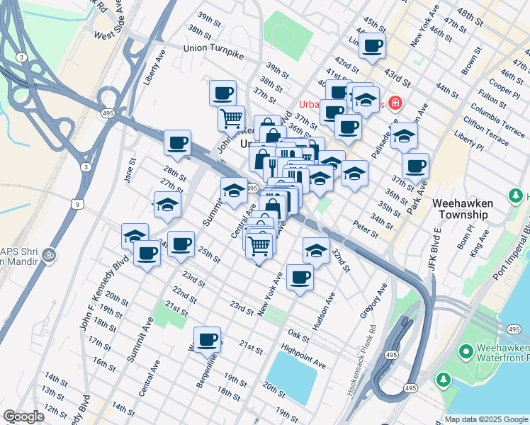 map of restaurants, bars, coffee shops, grocery stores, and more near 527 30th Street in Union City