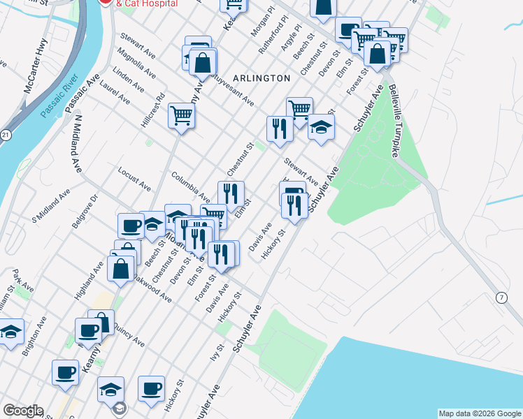 map of restaurants, bars, coffee shops, grocery stores, and more near 255 Laurel Avenue in Kearny