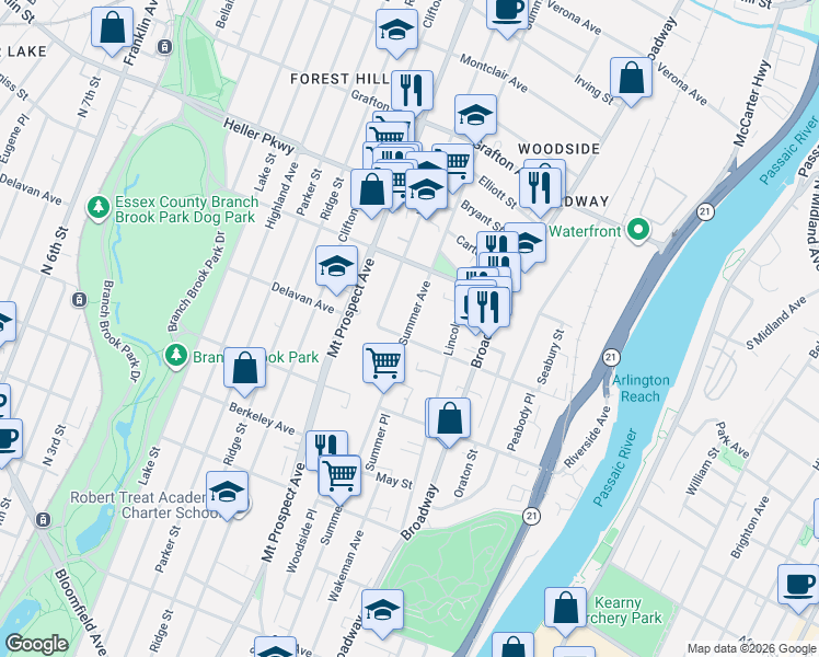 map of restaurants, bars, coffee shops, grocery stores, and more near 173 Delavan Avenue in Newark