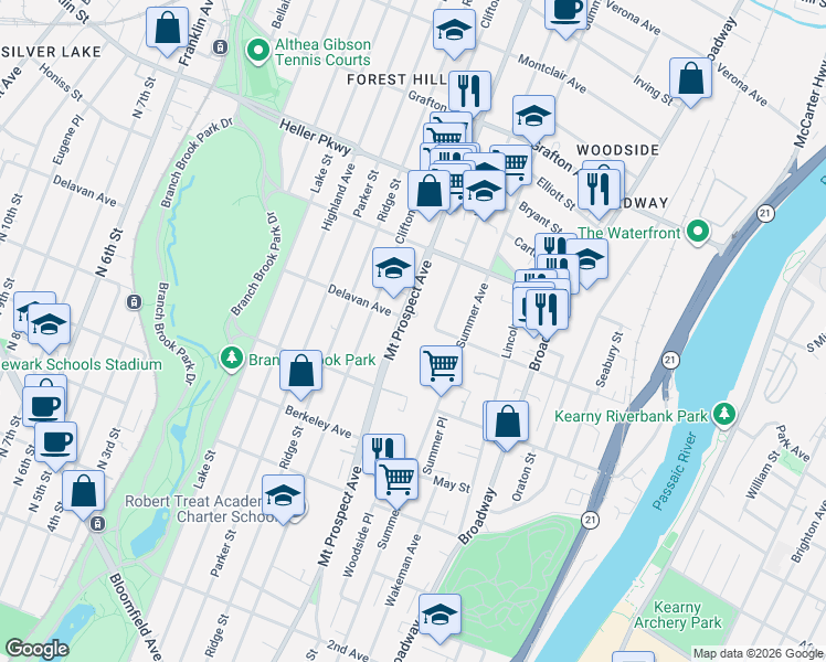 map of restaurants, bars, coffee shops, grocery stores, and more near 577 Mount Prospect Avenue in Newark