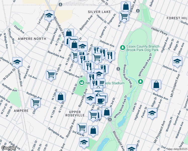 map of restaurants, bars, coffee shops, grocery stores, and more near 597 North 8th Street in Newark