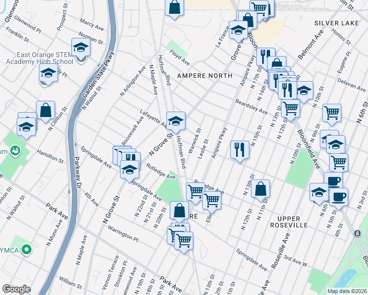map of restaurants, bars, coffee shops, grocery stores, and more near 69 1st Avenue in East Orange