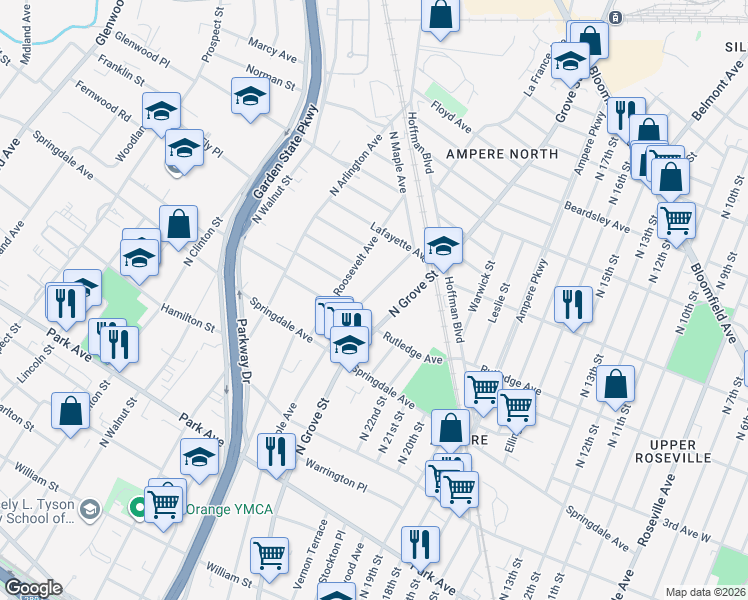 map of restaurants, bars, coffee shops, grocery stores, and more near 437 North Maple Avenue in East Orange