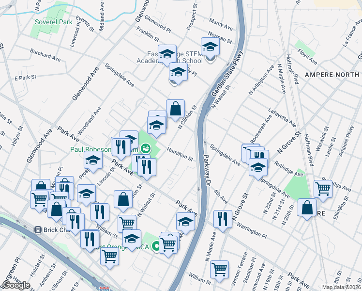 map of restaurants, bars, coffee shops, grocery stores, and more near 287 North Walnut Street in East Orange