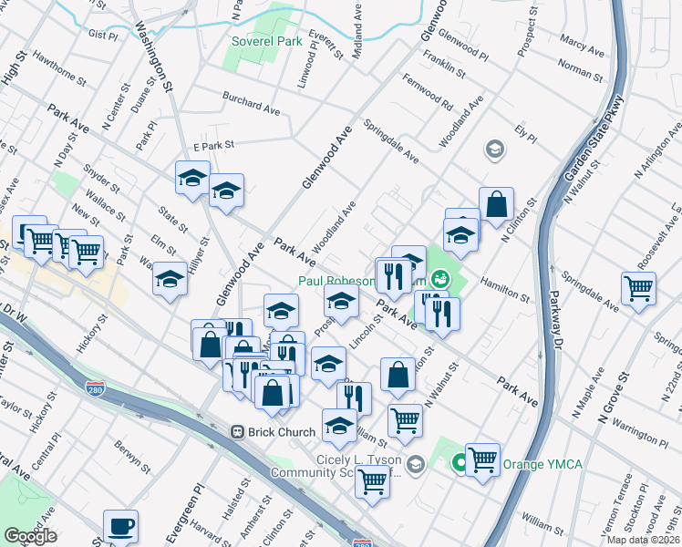 map of restaurants, bars, coffee shops, grocery stores, and more near 540 Park Avenue in East Orange