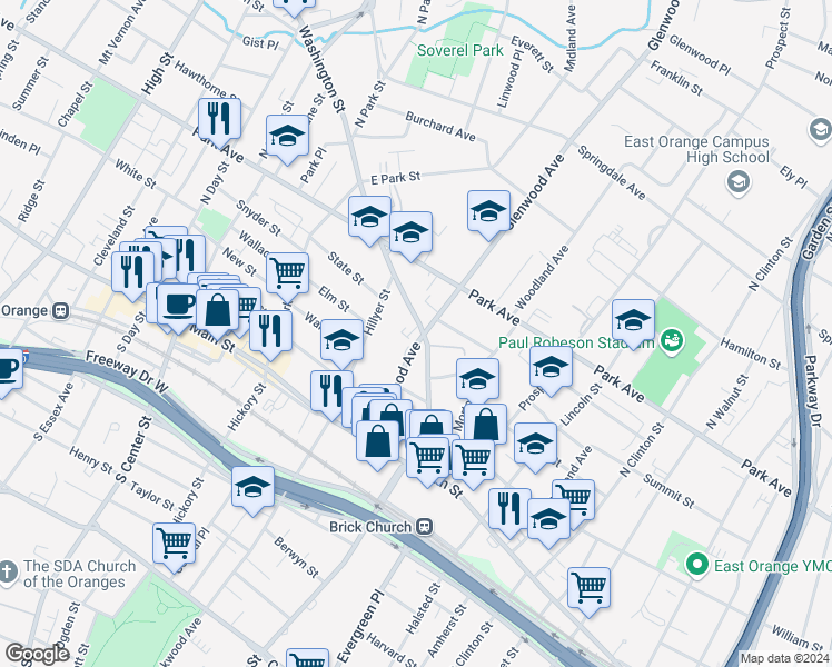 map of restaurants, bars, coffee shops, grocery stores, and more near 65 Washington Street in East Orange