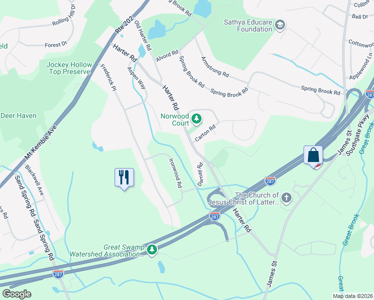 map of restaurants, bars, coffee shops, grocery stores, and more near 54 Harter Road in Morristown