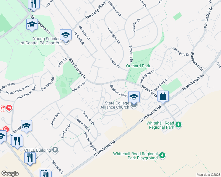 map of restaurants, bars, coffee shops, grocery stores, and more near 3113 Shellers Bend in State College