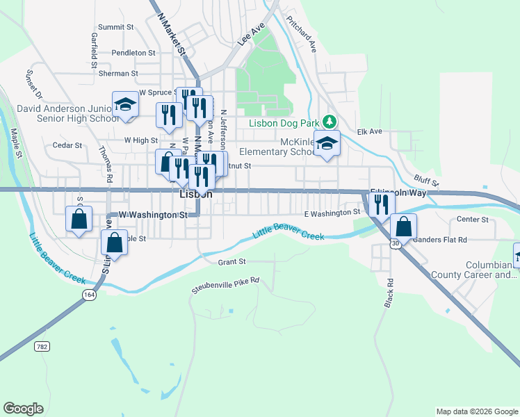 map of restaurants, bars, coffee shops, grocery stores, and more near 317 East Washington Street in Lisbon