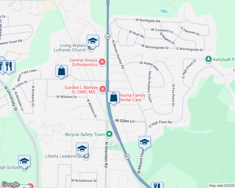 map of restaurants, bars, coffee shops, grocery stores, and more near 602 West Wyndermere Court in Peoria