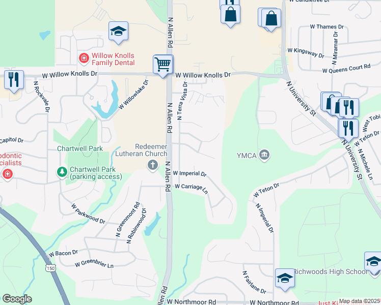 map of restaurants, bars, coffee shops, grocery stores, and more near 2414 West Madera Court in Peoria