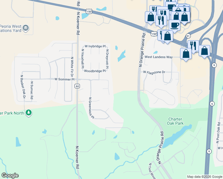 map of restaurants, bars, coffee shops, grocery stores, and more near 5803 Chadworth Court in Peoria