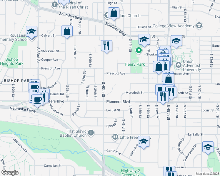 map of restaurants, bars, coffee shops, grocery stores, and more near 4126 South 40th Street in Lincoln