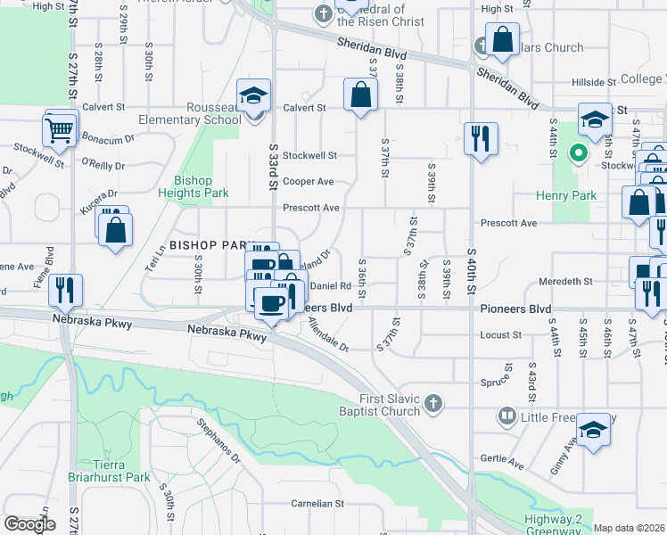 map of restaurants, bars, coffee shops, grocery stores, and more near 4120 Loveland Drive in Lincoln