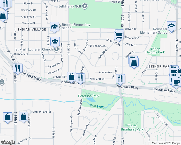 map of restaurants, bars, coffee shops, grocery stores, and more near 2338 Burnham Street in Lincoln