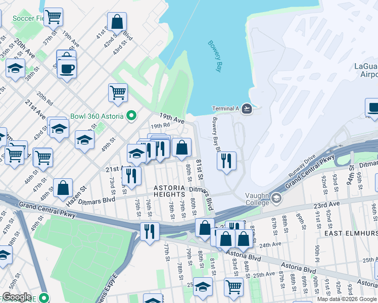 map of restaurants, bars, coffee shops, grocery stores, and more near 19-67 80th Street in Queens