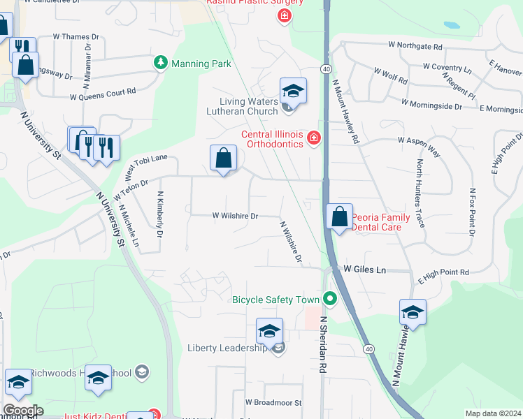 map of restaurants, bars, coffee shops, grocery stores, and more near 923 West Wilshire Drive in Peoria