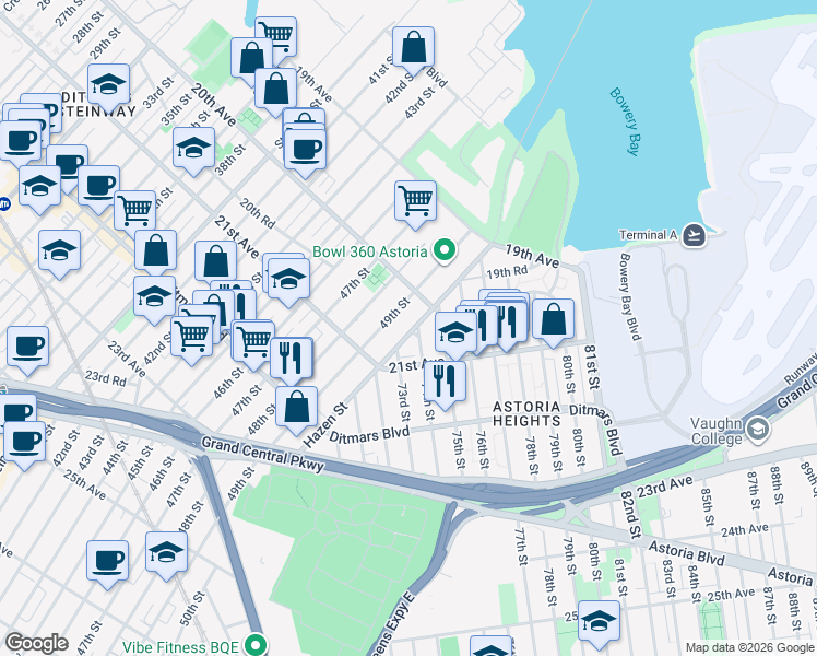 map of restaurants, bars, coffee shops, grocery stores, and more near 20-20 Hazen Street in Queens