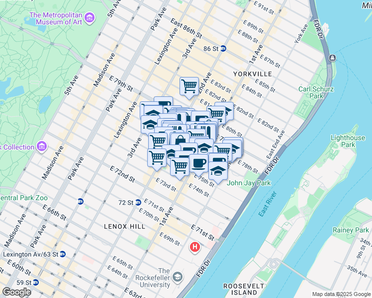 map of restaurants, bars, coffee shops, grocery stores, and more near 345 East 77th Street in New York