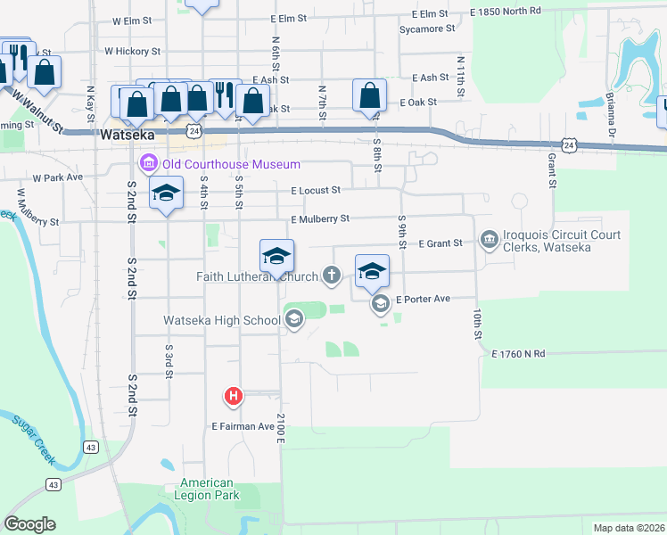 map of restaurants, bars, coffee shops, grocery stores, and more near 440 South Ralph Street in Watseka