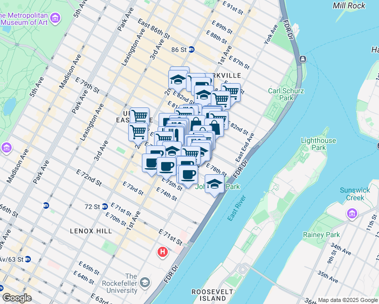 map of restaurants, bars, coffee shops, grocery stores, and more near 421 East 78th Street in New York