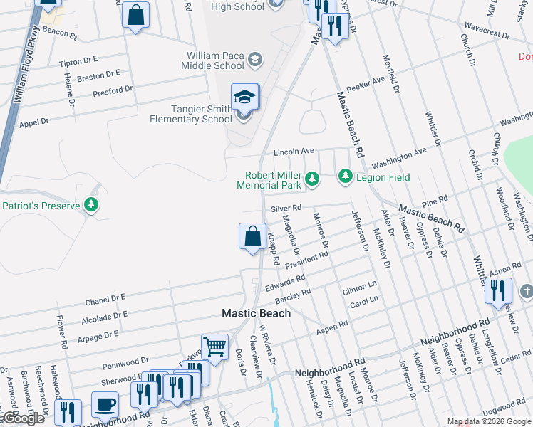 map of restaurants, bars, coffee shops, grocery stores, and more near 65 Silver Road in Mastic Beach