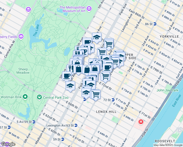 map of restaurants, bars, coffee shops, grocery stores, and more near 114 East 73rd Street in New York