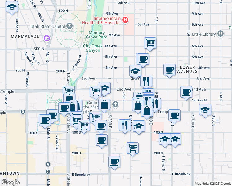 map of restaurants, bars, coffee shops, grocery stores, and more near 86 B Street East in Salt Lake City