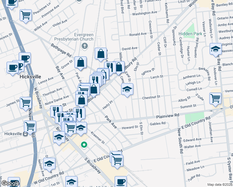 map of restaurants, bars, coffee shops, grocery stores, and more near 29 Pierce Street in Hicksville