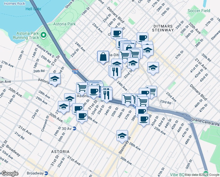 map of restaurants, bars, coffee shops, grocery stores, and more near 24-41 31st Street in Queens