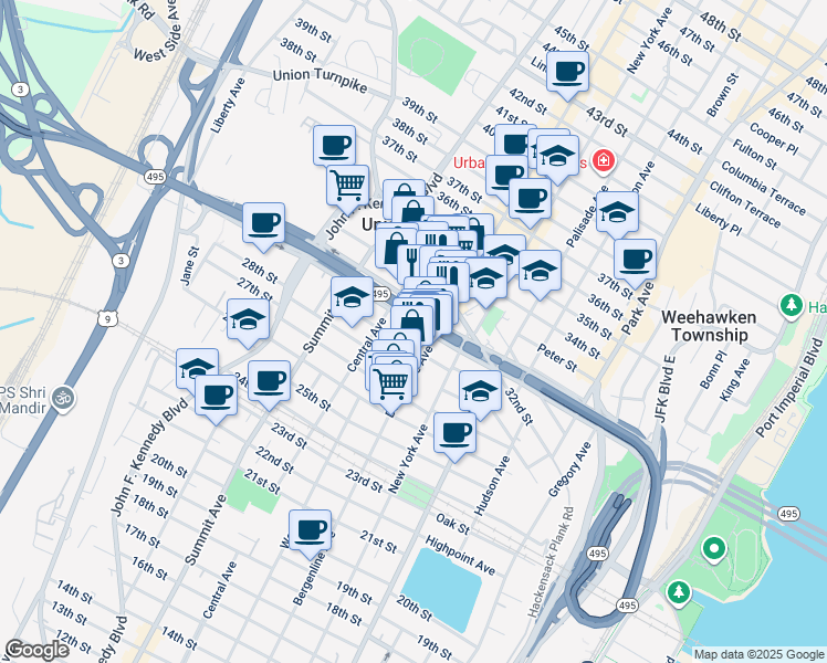 map of restaurants, bars, coffee shops, grocery stores, and more near 517 30th Street in Union City