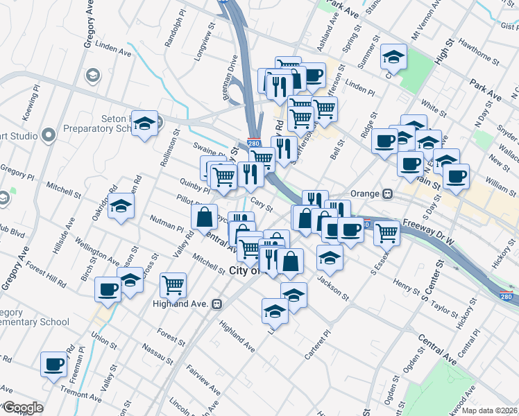 map of restaurants, bars, coffee shops, grocery stores, and more near 548 Cary Street in City of Orange