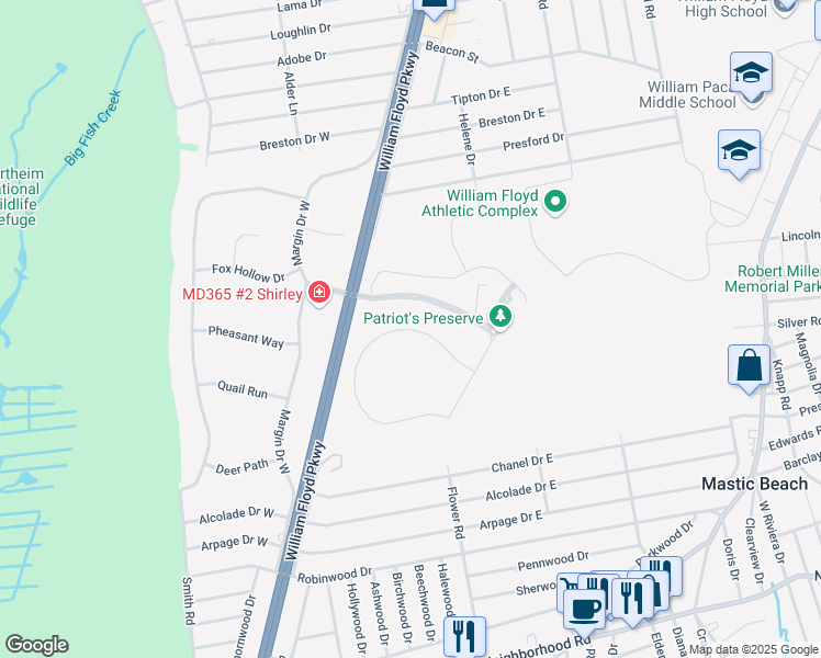 map of restaurants, bars, coffee shops, grocery stores, and more near 34 Pondview Circle in Shirley