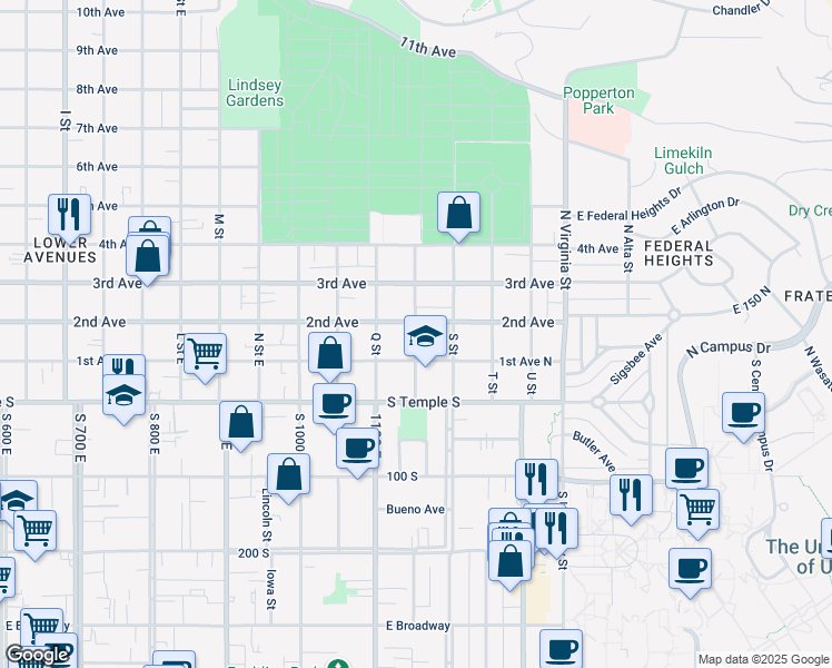map of restaurants, bars, coffee shops, grocery stores, and more near 80 R Street in Salt Lake City