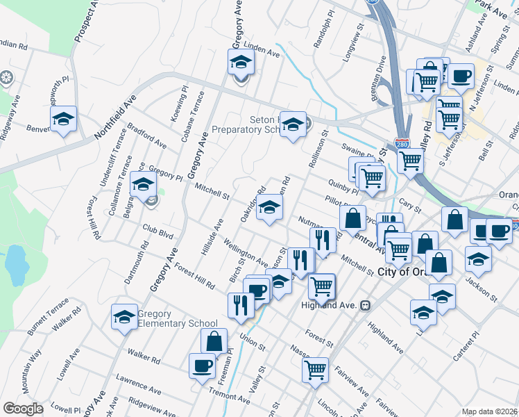 map of restaurants, bars, coffee shops, grocery stores, and more near 131 Mitchell Street in West Orange