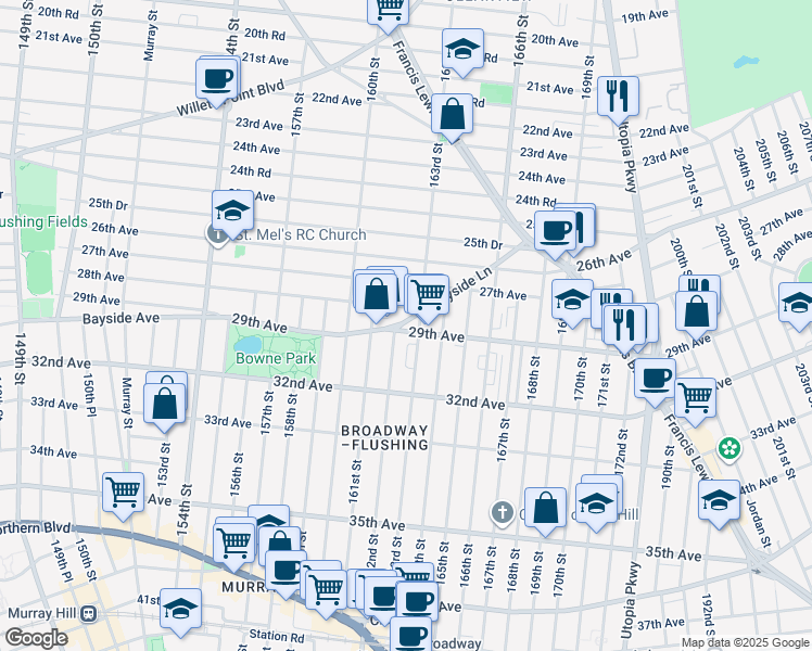 map of restaurants, bars, coffee shops, grocery stores, and more near 27-13 163rd Street in Queens