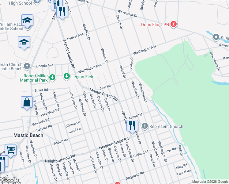map of restaurants, bars, coffee shops, grocery stores, and more near 192 Whittier Drive in Mastic Beach