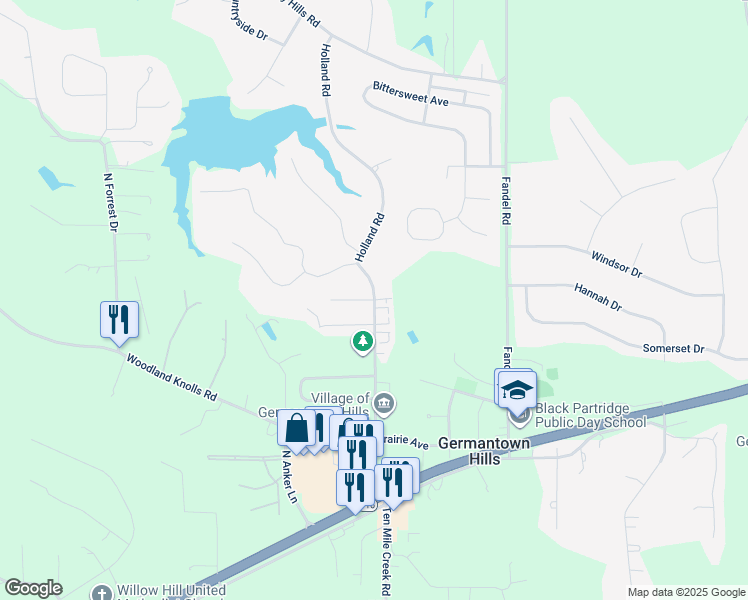 map of restaurants, bars, coffee shops, grocery stores, and more near 600 Holland Road in Germantown Hills
