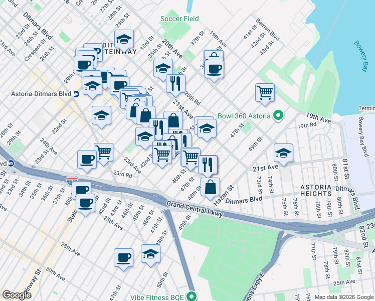 map of restaurants, bars, coffee shops, grocery stores, and more near 21-49 45th Street in Queens