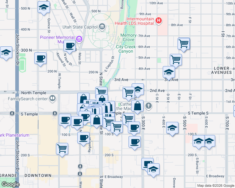 map of restaurants, bars, coffee shops, grocery stores, and more near 132 East 2nd Avenue in Salt Lake City