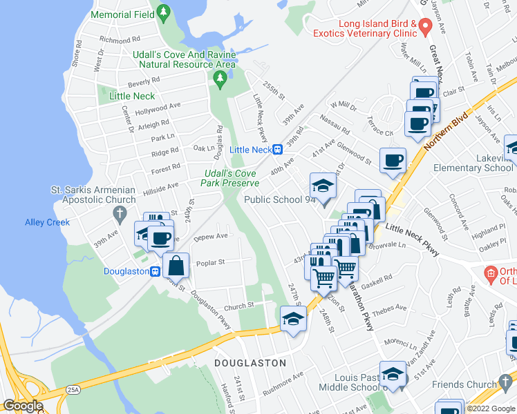 map of restaurants, bars, coffee shops, grocery stores, and more near 247-06 41st Avenue in Queens