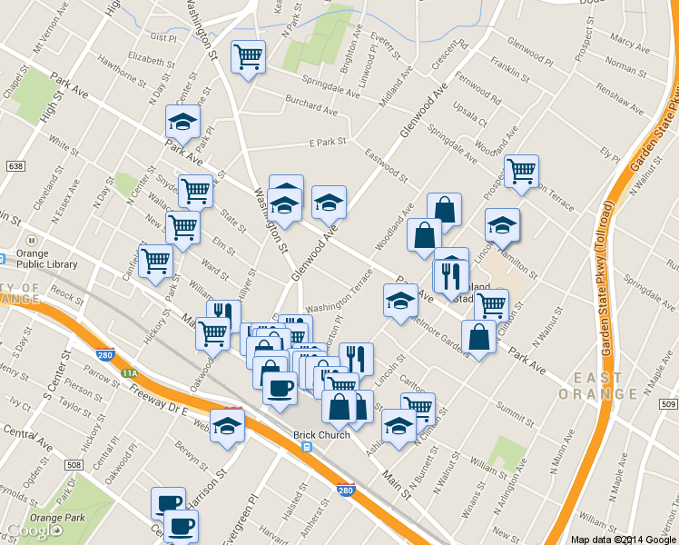 map of restaurants, bars, coffee shops, grocery stores, and more near 22 Chelsea Place in East Orange