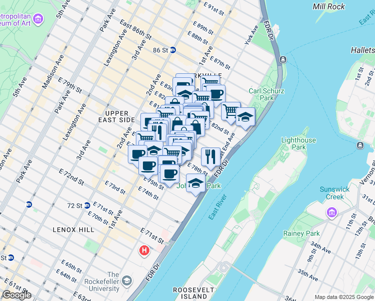 map of restaurants, bars, coffee shops, grocery stores, and more near 500 East 79th Street in New York
