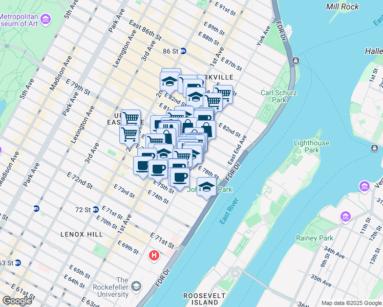 map of restaurants, bars, coffee shops, grocery stores, and more near 440 East 79th Street in New York