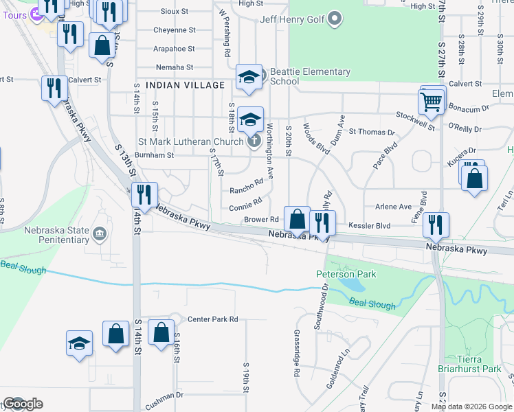 map of restaurants, bars, coffee shops, grocery stores, and more near 1834 Connie Road in Lincoln