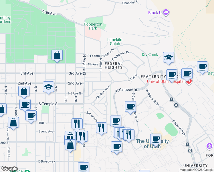map of restaurants, bars, coffee shops, grocery stores, and more near 1479 Sigsbee Avenue in Salt Lake City