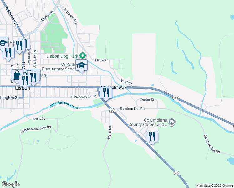 map of restaurants, bars, coffee shops, grocery stores, and more near 754 East Lincoln Way in Lisbon