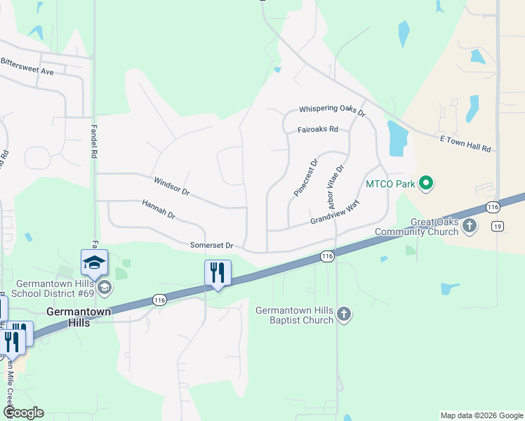 map of restaurants, bars, coffee shops, grocery stores, and more near 310 Westminster Road in Germantown Hills