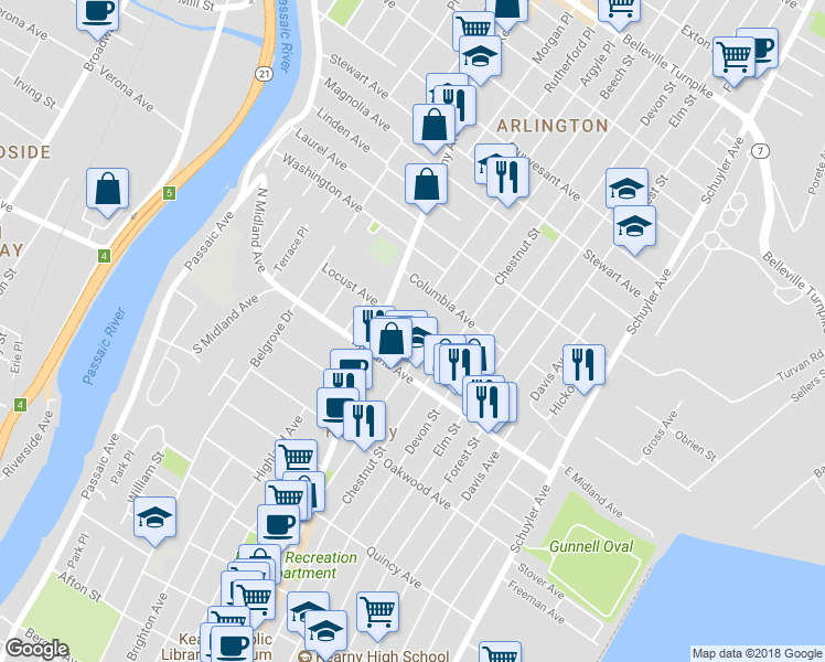 map of restaurants, bars, coffee shops, grocery stores, and more near 32 Argyle Place in Kearny