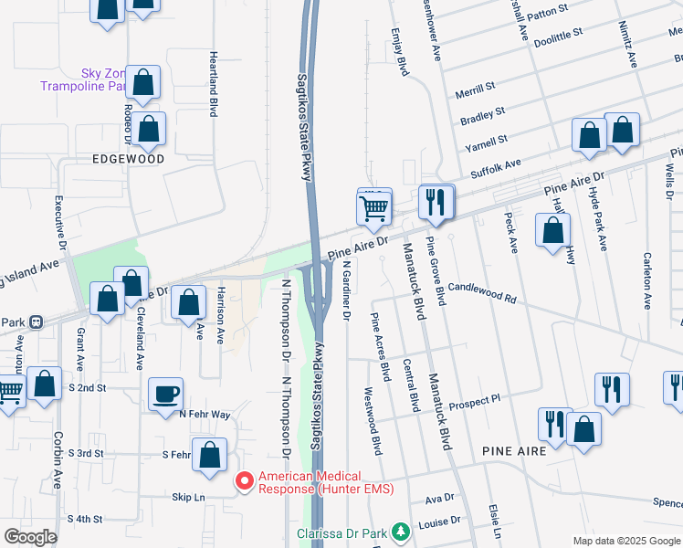 map of restaurants, bars, coffee shops, grocery stores, and more near 1726 North Gardiner Drive in Bay Shore